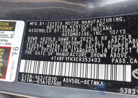 2014 Toyota Camry Le from USA, damaged, VIN 4T4BF1FKXER353403